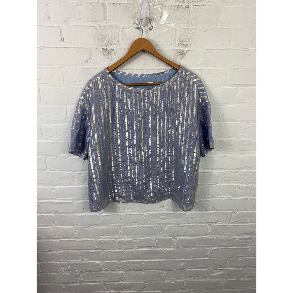Uterque Women's Striped Boatneck Blouse Top Short Sleeve Blue Size Medium